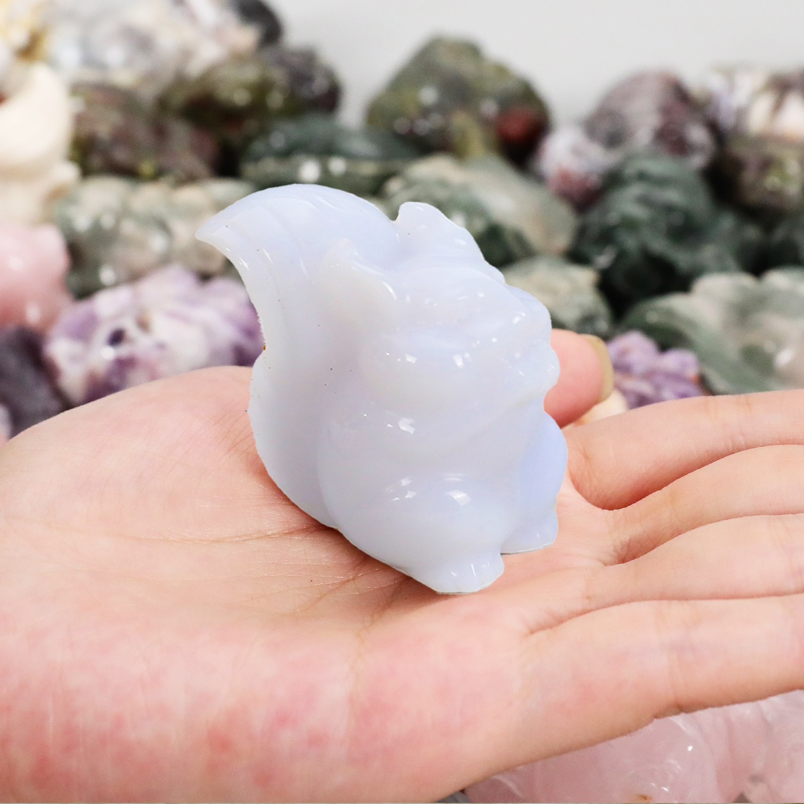 2 inch Natural Blue Chalcedony Crystal Carved Small Animal Carving Squirrel Sculpture for Gift