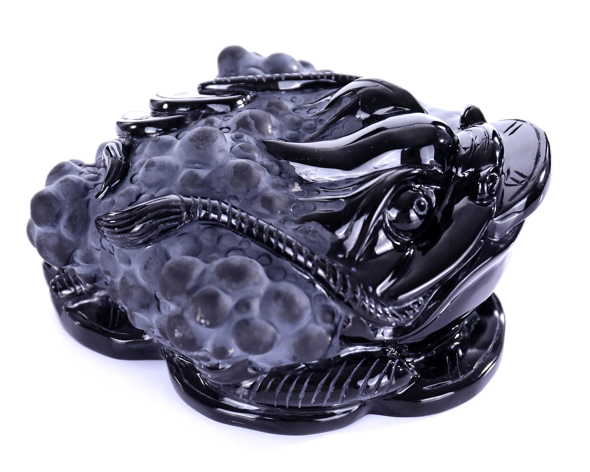 7 Inch Natural Obsidian Coin Dragon Turtle Statue - Feng Shui Lucky Charm for Wealth & Home Protection