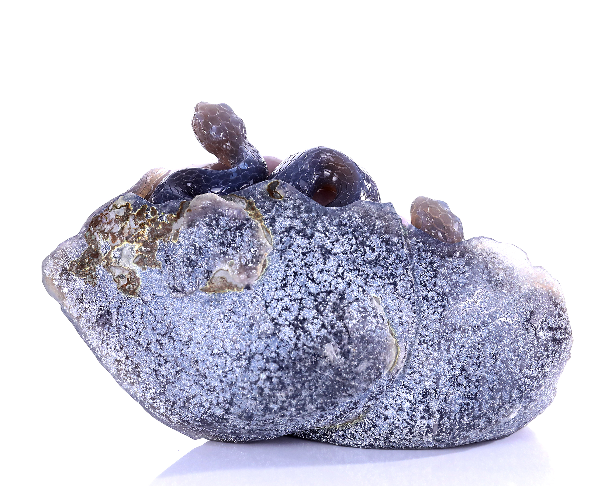 Unique Double - Snake Carved Amethyst Geode Cluster Ornament
