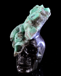 5.5" Natural Emerald Skull and Snake Sculpture, Handcrafted Gemstone Artwork for Collection & Decoration