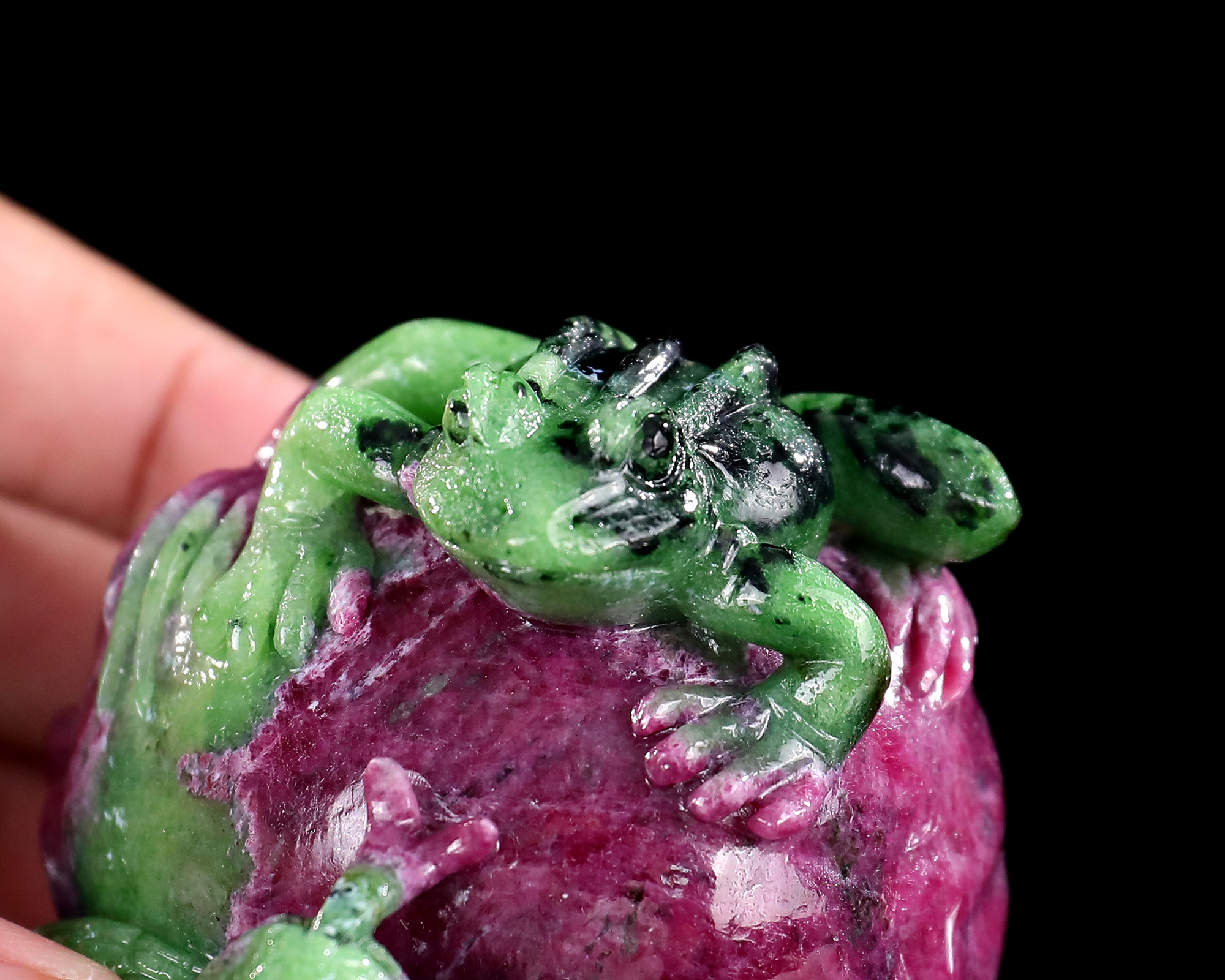 2.9-inch Hand Carved Rubellite and Garnet Frog with Snake Skull - Metaphysical Decorative Artwork