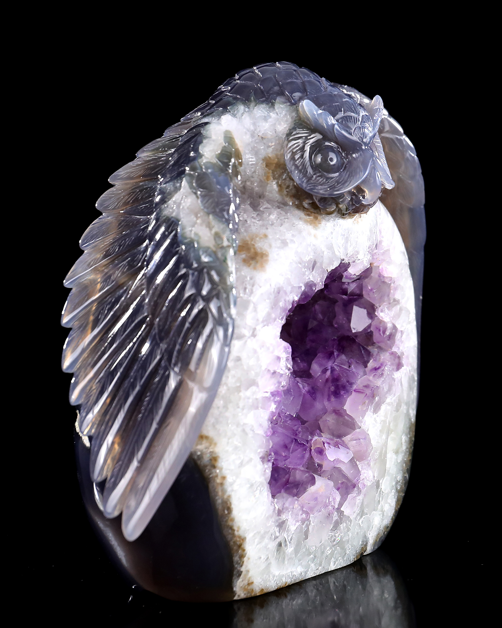 Unique 7-Inch Amethyst Cluster Owl - Hand Carved Natural Gemstone Sculpture for Healing