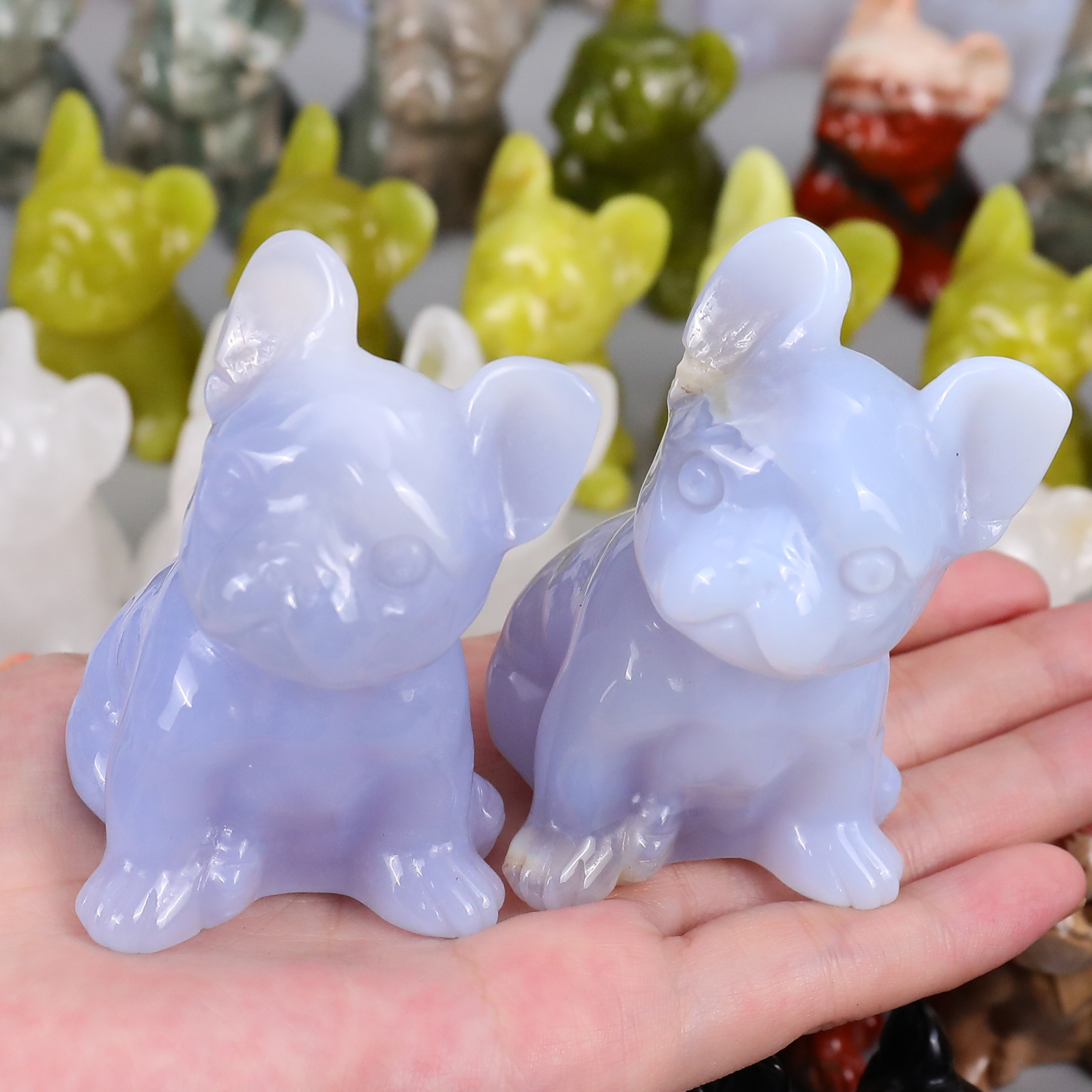 Natural Blue Chalcedony Carved Dog Decor, Mini Dog Sculpture,Fengshui Decor