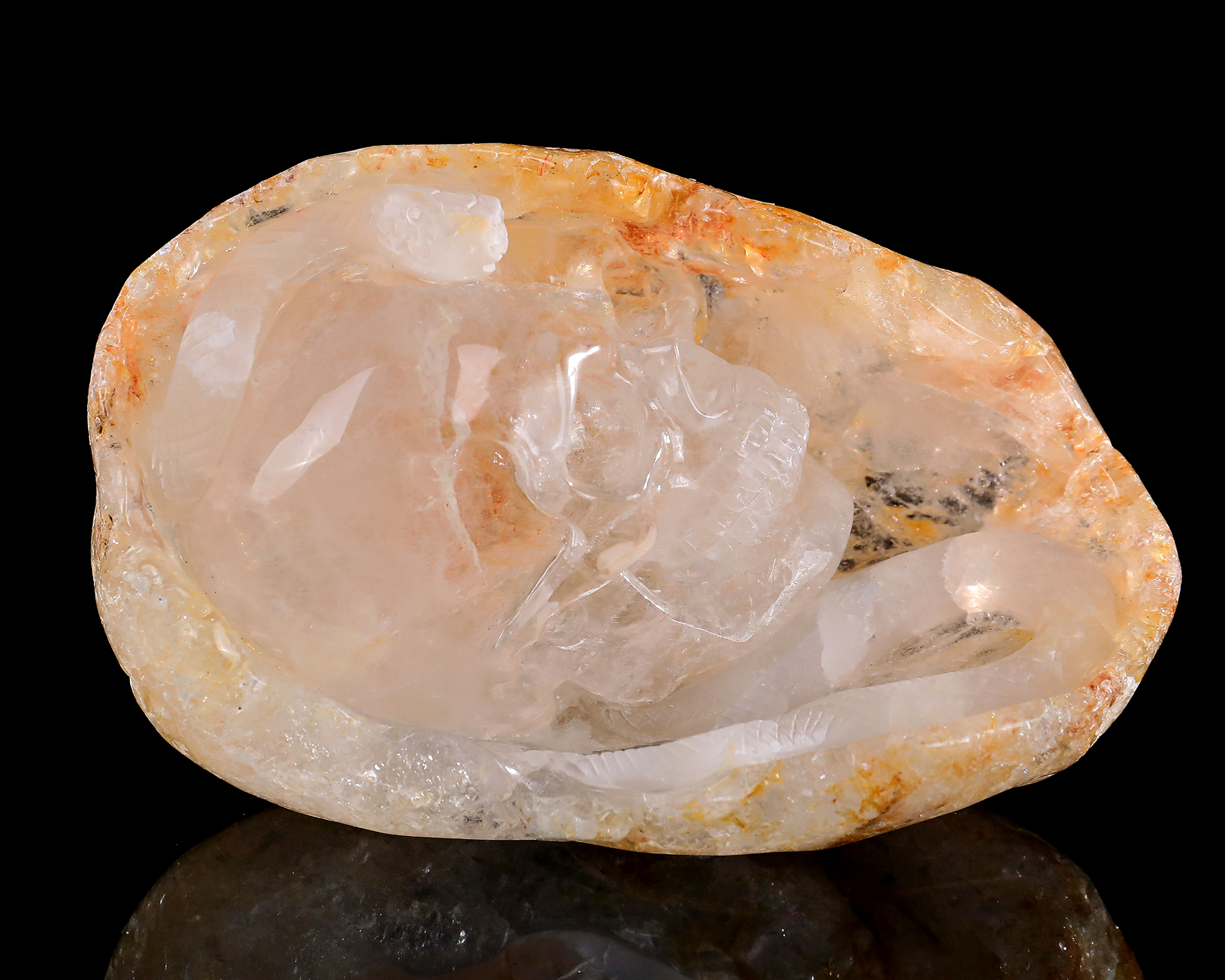 Hand-Carved 6-inch Clear Quartz Skull & Snake – Natural Gemstone Art for Mystical Collectors