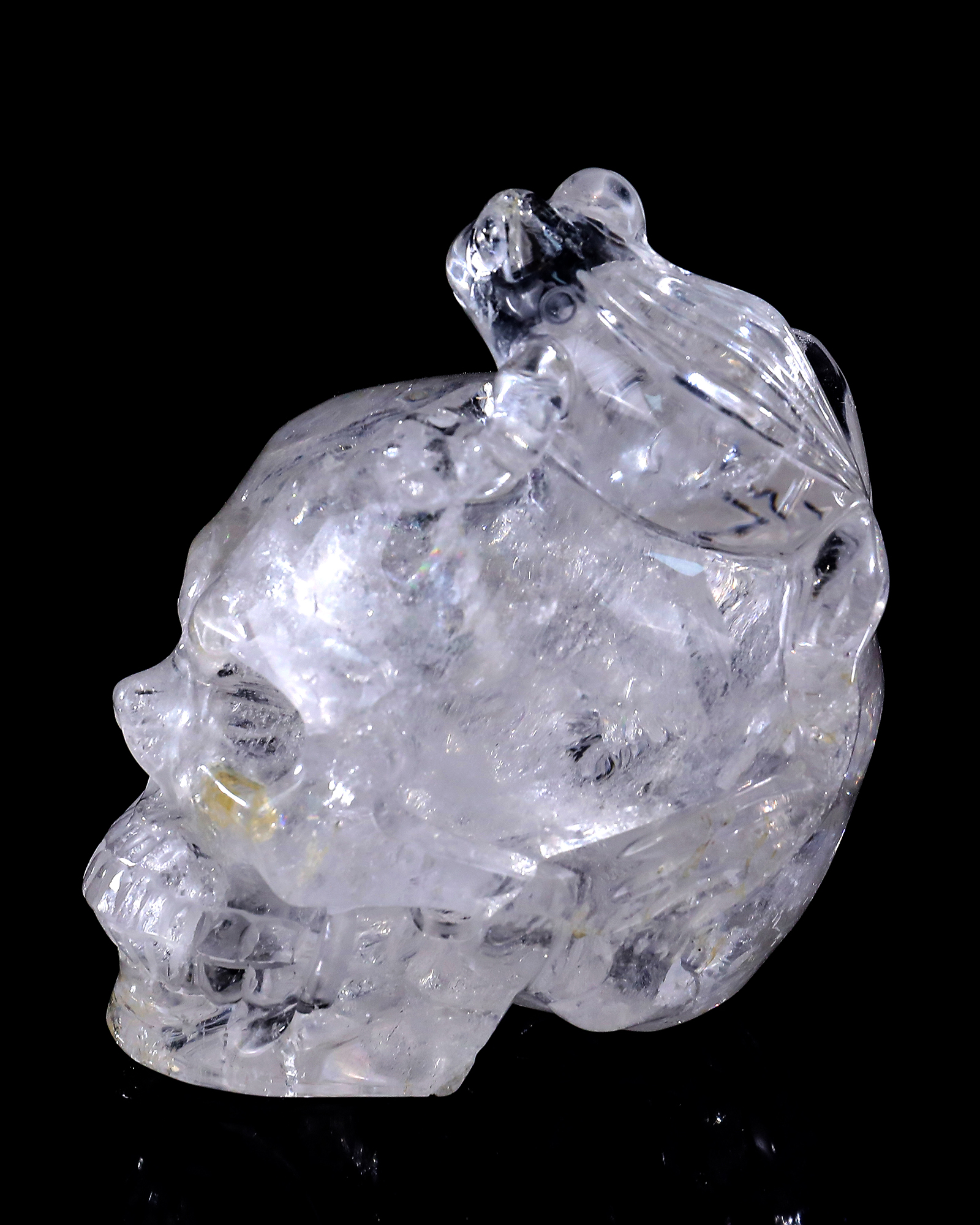 3.8-inch Hand Carved Clear Quartz Skull with Frog - Natural Crystal Sculpture for Spiritual Decor & Collection