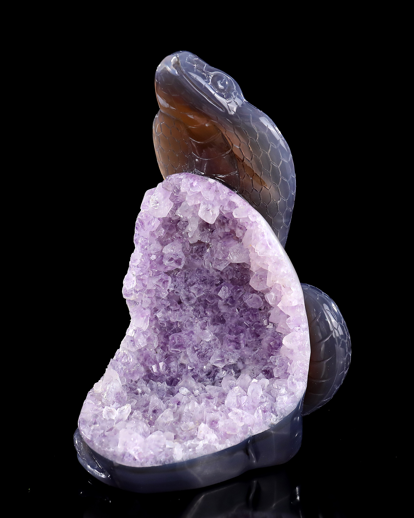 7 Inch Amethyst Cluster Snake Sculpture - Hand-Carved Crystal Figurine with Lifelike Design & Intricate Scale Details