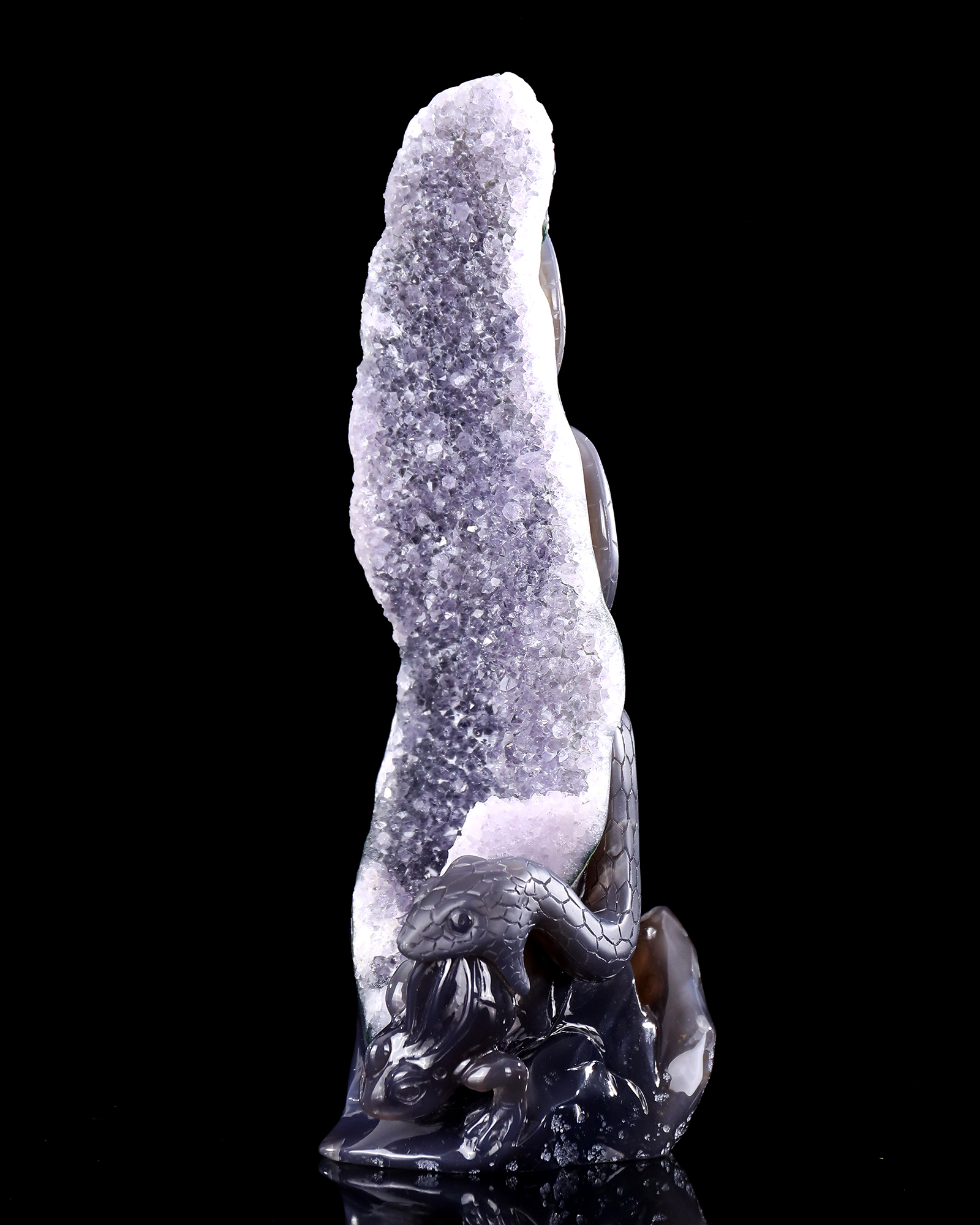 11.8 Inch Artisanal Amethyst Geode Snake & Frog – Hand-Carved Crystal Sculpture for Luxury Decor