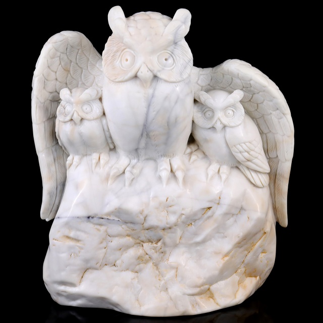 8.5" White Jade Hand Carved Crystal Owls Sculpture