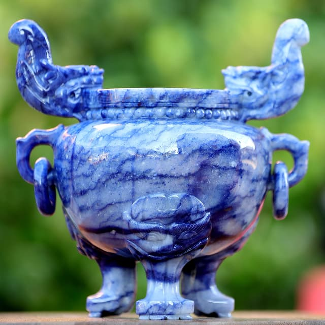 8.3” Natural Blue Aventurine Hand Carved 3 Foot Censer, Gemstone Tripod