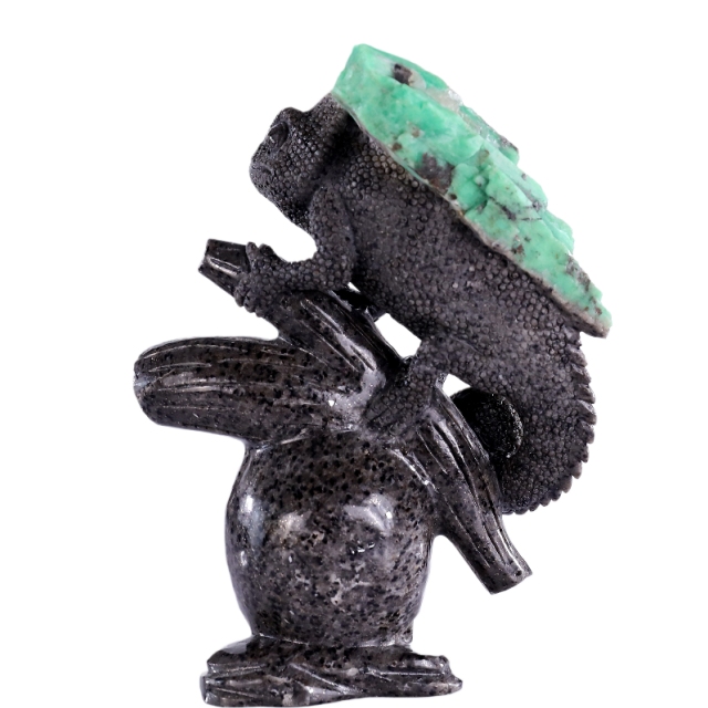 6.0" Natural Emerald Hand Carved Crystal Lizard and Skull Sculpture