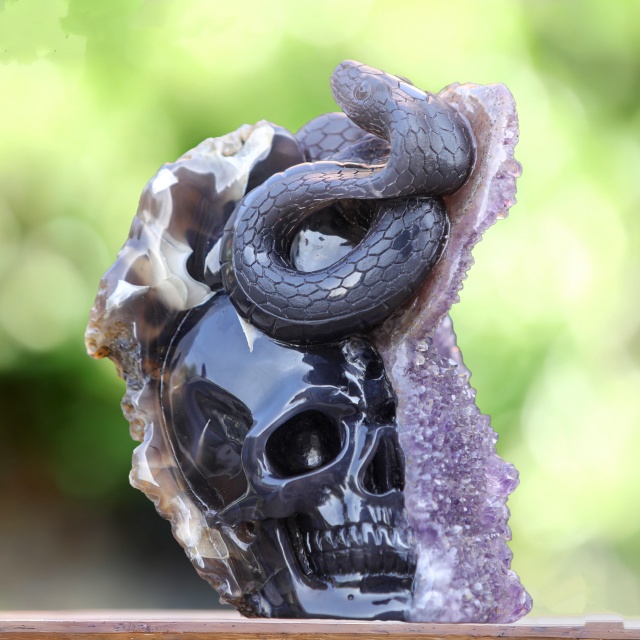 Unique 6.6" Amethyst Geode Agate Skull with Snake – Hand Carved Crystal & Mineral Specimen Sculpture for Collectors And Healing