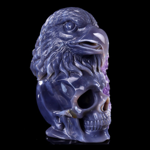 Unique 7.2" Amethyst Druse Agate Skull with Eagle – Hand Carved Crystal & Mineral Specimen Sculpture for Collectors And Healing
