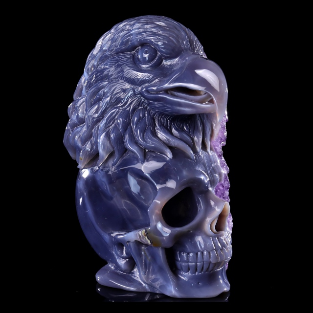 Unique 7.2" Amethyst Druse Agate Skull with Eagle – Hand Carved Crystal & Mineral Specimen Sculpture for Collectors And Healing