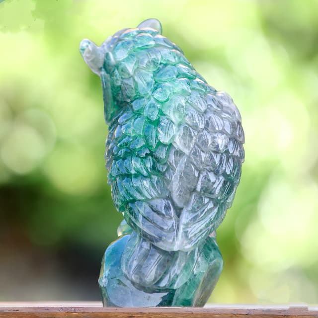 6.9" Fluorite Hand Carved Crystal Owl Sculpture