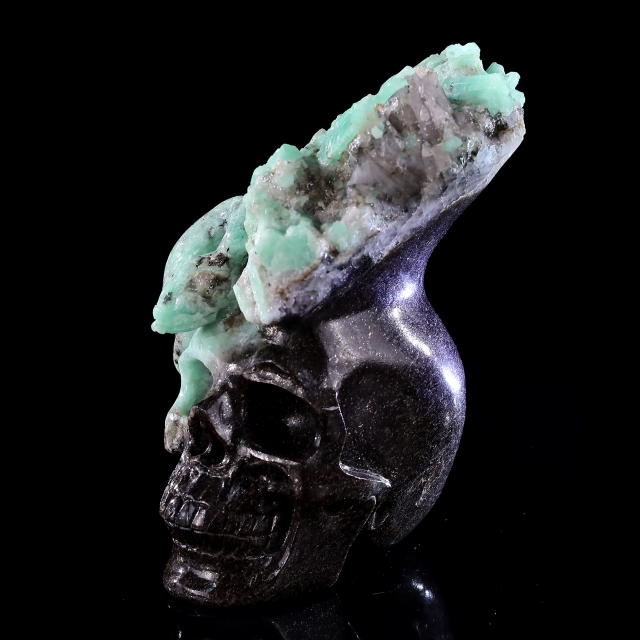 5.5" Natural Emerald Skull and Snake Sculpture, Handcrafted Gemstone Artwork for Collection & Decoration