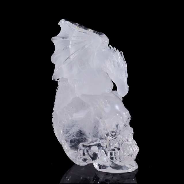 5-inch Clear Crystal Skull & Pterosaur Hand-Carved Ornament - Unique Home Decor for Display, Ideal Gift for Crystal Collectors, Symbolic Artwork