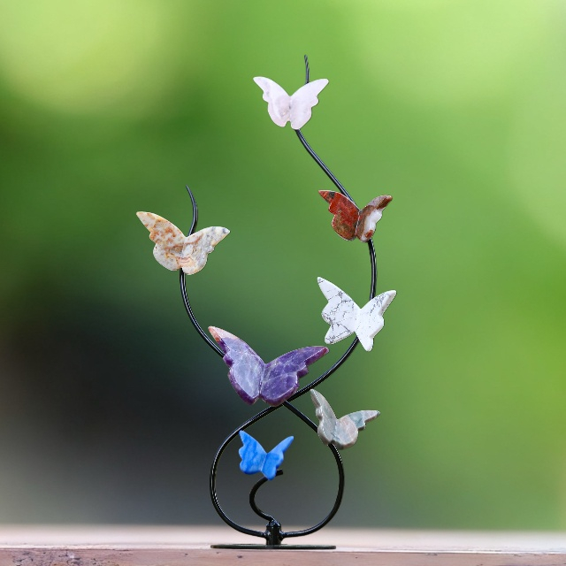 Natural Crystal Colorful Butterfly with Black Metal Stand