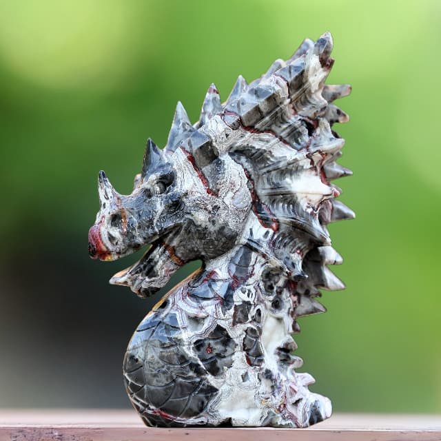 9.3" Red Lace Agate Hand Carved Crystal Dragon Skull Sculpture