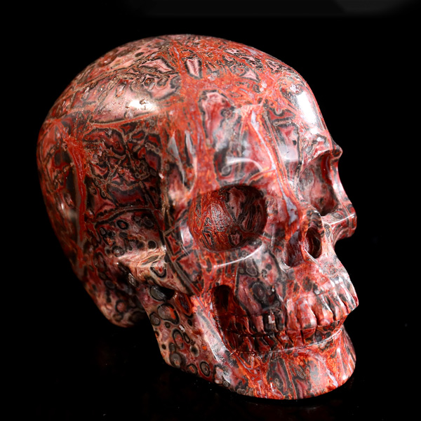 Flecked Orbicular Red Leopard Jasper Skull - Artisan Hand-Carved Natural Stone Sculpture