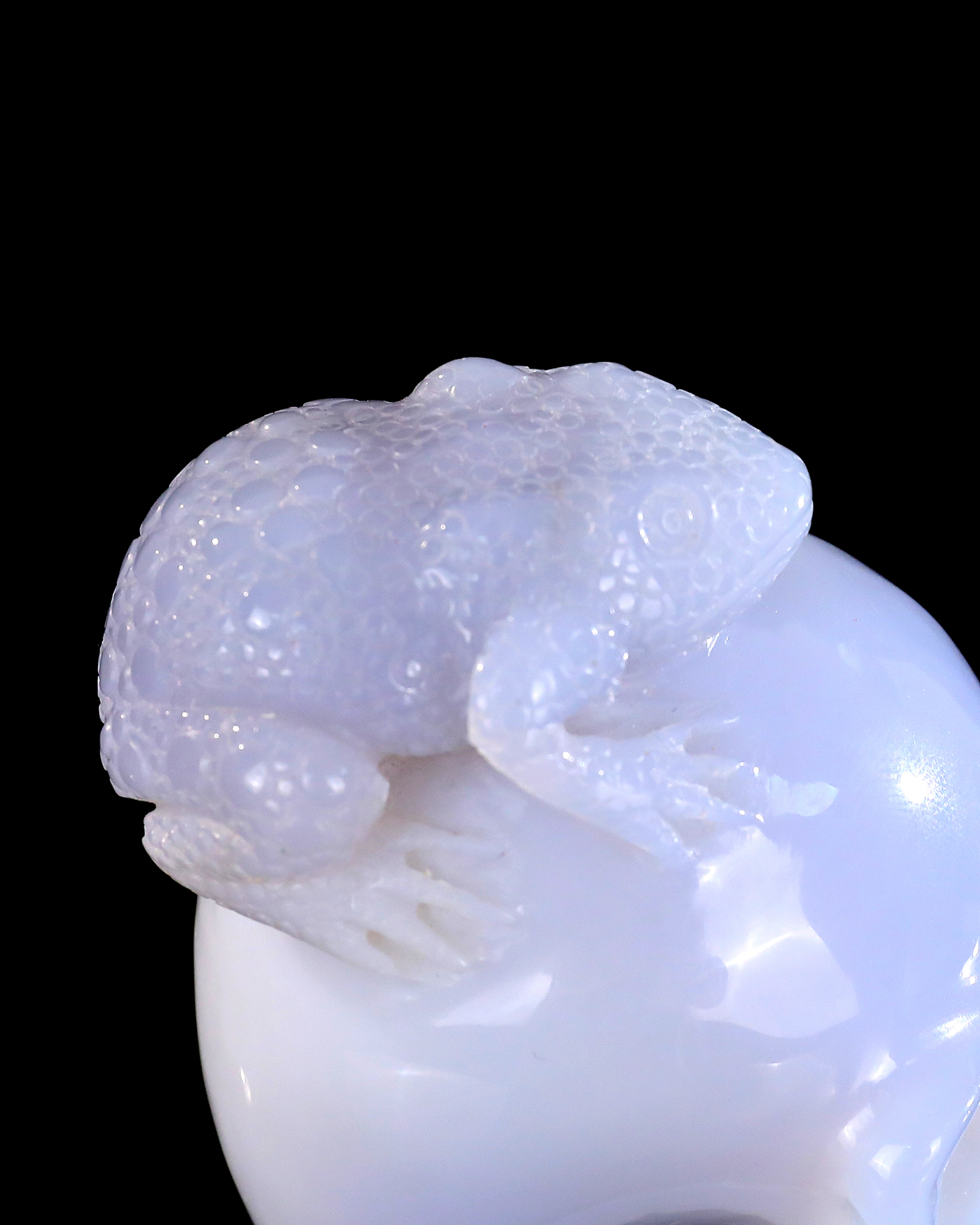 Blue Chalcedony Golden Toad on Skull Carving Hand-Carved Crystal Decorative Ornament