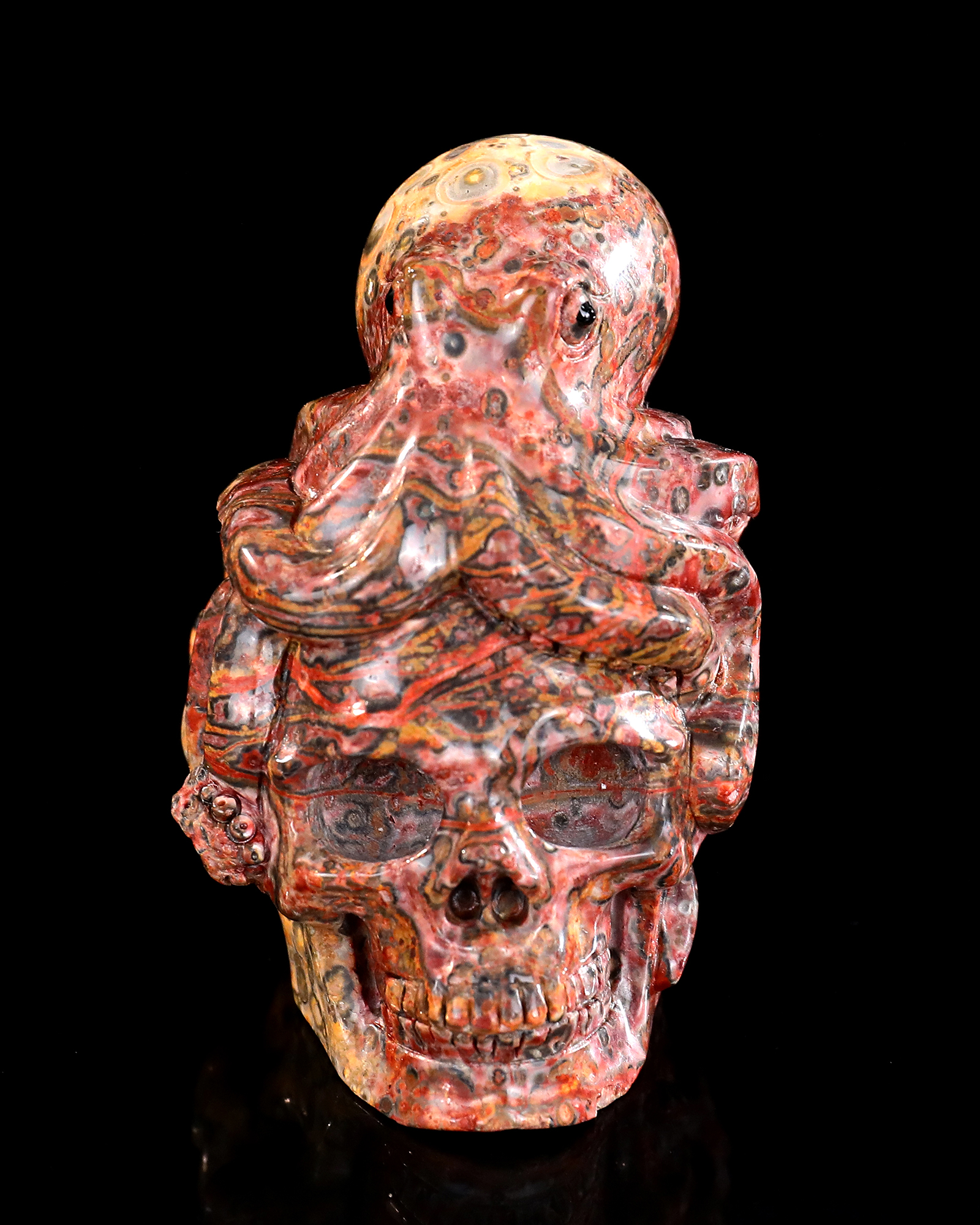 Red Leopard Skin Stone Skull Adorned with Hand-Carved Octopus Natural Gemstone Carving
