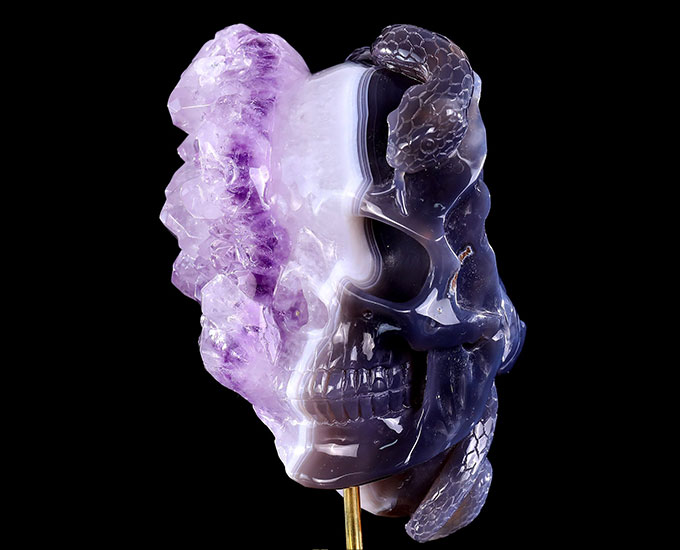 7.9" Amethyst Druse Agate Hand Carved Mineral Specimen Skull Sculpture