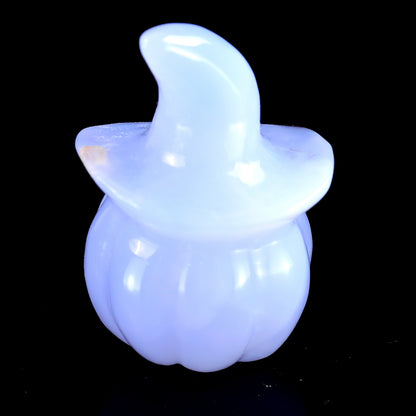 2.4” Natural Blue Chalcedony Hand Carved Crystal Wizard Pumpkin Sculpture, Halloween Gift