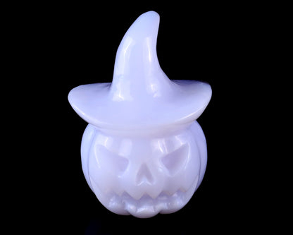 3.3” Natural Blue Chalcedony Hand Carved Crystal Wizard Pumpkin Sculpture, Halloween Gift