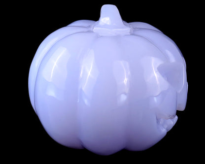 2.6” Natural Blue Chalcedony Hand Carved Crystal Pumpkin Sculpture, Halloween Gift