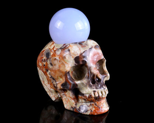2.2" Coin Agate Hand Carved Crystal Realistic Skull Ball Stand Sculpture