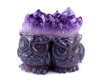 2.3" Amethyst Druse Agate Hand Carved Crystal Owls Sculpture