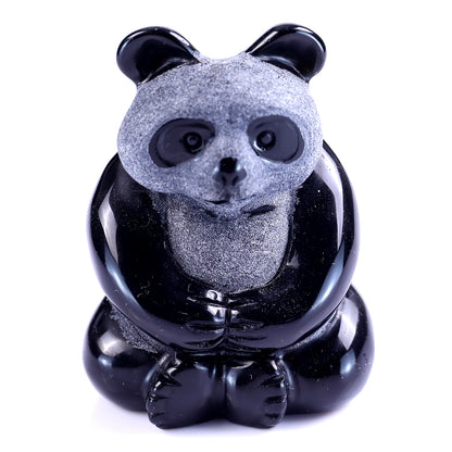 Cute 2.9" Black Obsidian Hand Carved Crystal Panda Sculpture