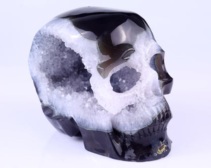 Unique 7.9" Geode Agate Hand Carved Crystal Geode Skull Sculpture