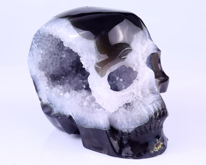 Unique 7.9" Geode Agate Hand Carved Crystal Geode Skull Sculpture