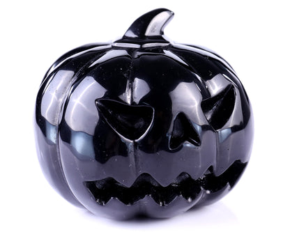 3.5” Natural Black Obsidian Hand Carved Crystal Pumpkin Sculpture, Halloween Gift