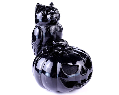 6.4” Natural Black Obsidian Hand Carved Crystal Pumpkin and Owl Sculpture, Halloween Gift