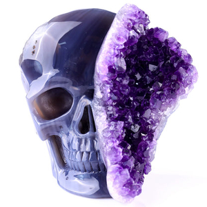 Unique 4.9" Amethyst Druse Agate Hand Carved Crystal Geode Skull Sculpture