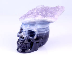 Unique 6.3" Amethyst Druse Agate Hand Carved Crystal Mineral Specimen Skull Sculpture