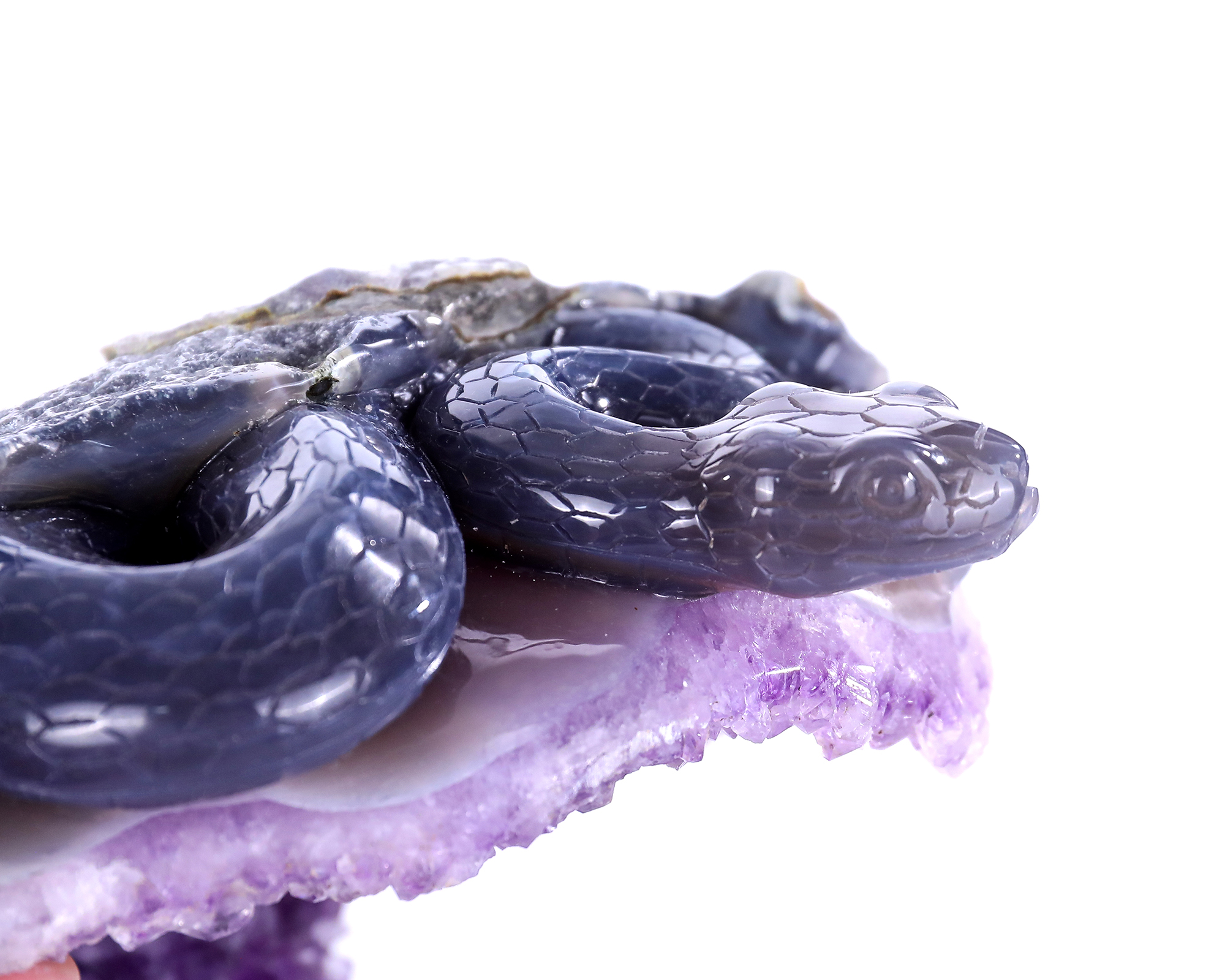 Unique Double - Snake Carved Amethyst Geode Cluster Ornament