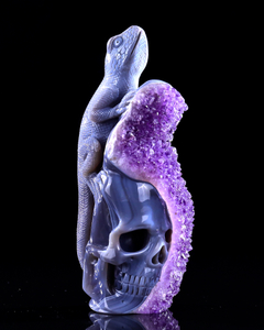 7.9" Amethyst Druse Agate Skull & Lizard Sculpture, Natural Crystal Gemstone Artifact for Luxury Decor