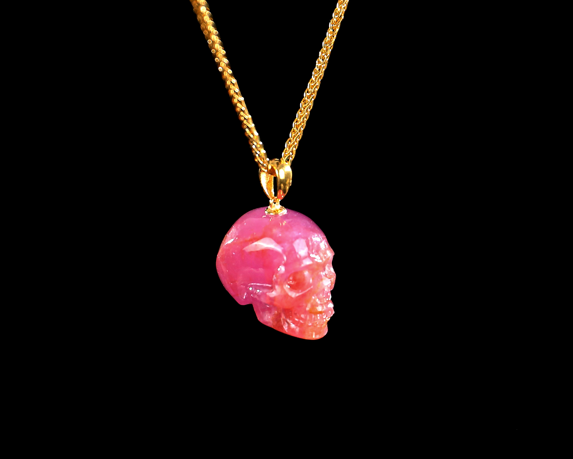 20mm Mini Hand Carved Ruby Skull Pendant - 18K Gold Clasp Luxury Gemstone Jewelry