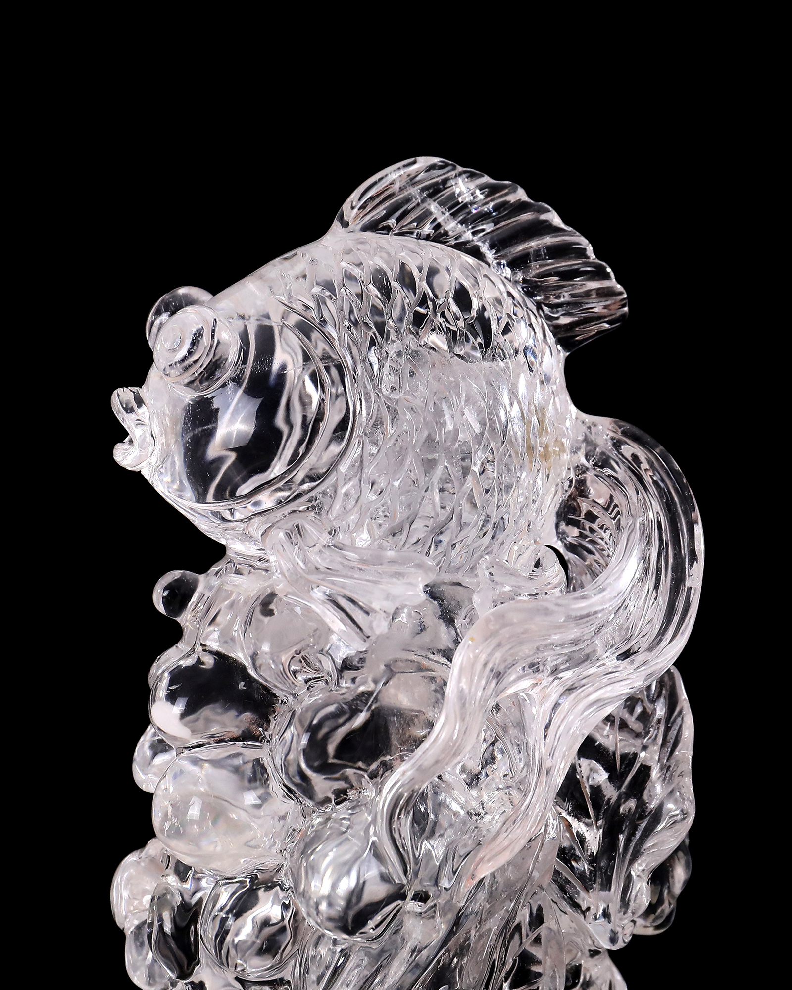 5-inch Hand Carved Clear Quartz Goldfish Decoration - Auspicious Gemstone Sculpture for Luck & Décor