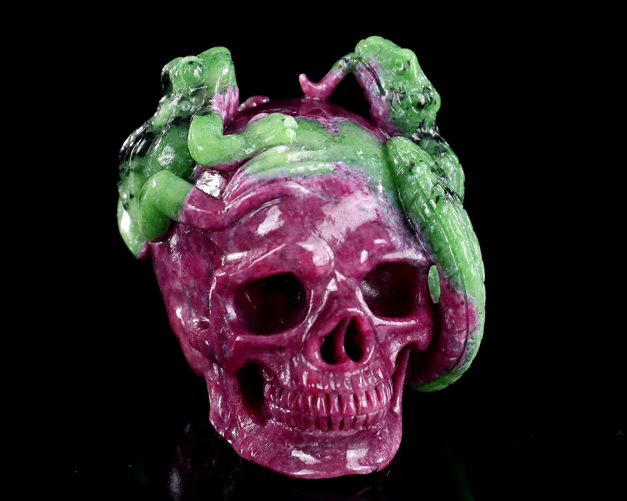 2.9-inch Hand Carved Rubellite and Garnet Frog with Snake Skull - Metaphysical Decorative Artwork