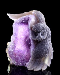 Hand-Carved Amethyst Cluster Owl & Snake Sculpture - Natural Gemstone Artifact for Crystal Collectors, Home Accent & Spiritual Healing