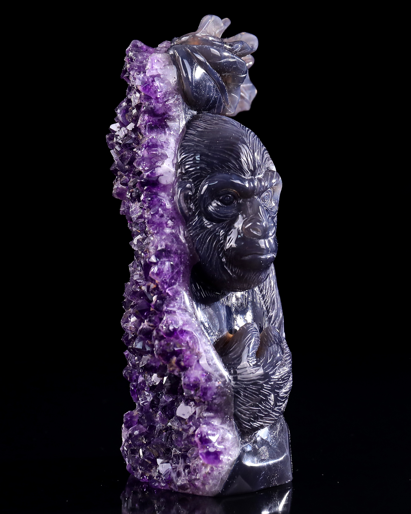 7.7 Inch Amethyst Cluster Gorilla Sculpture - Hand-Carved Crystal Figurine with Lifelike Design 