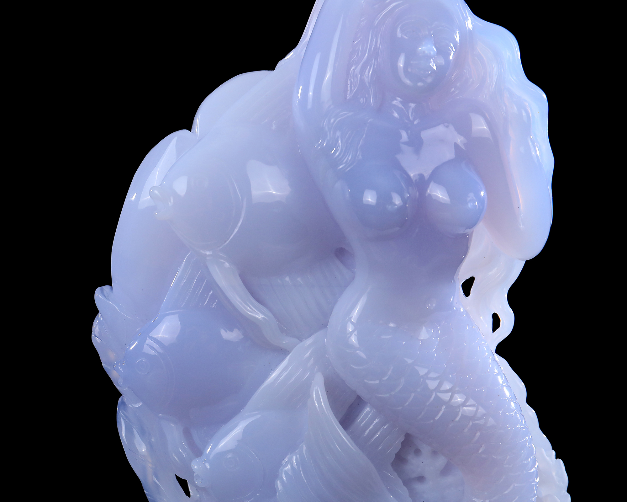 8 Inch Blue Chalcedony Mermaid & Goldfish Hand-Carved Statue - Lifelike Artisan Craft Decor