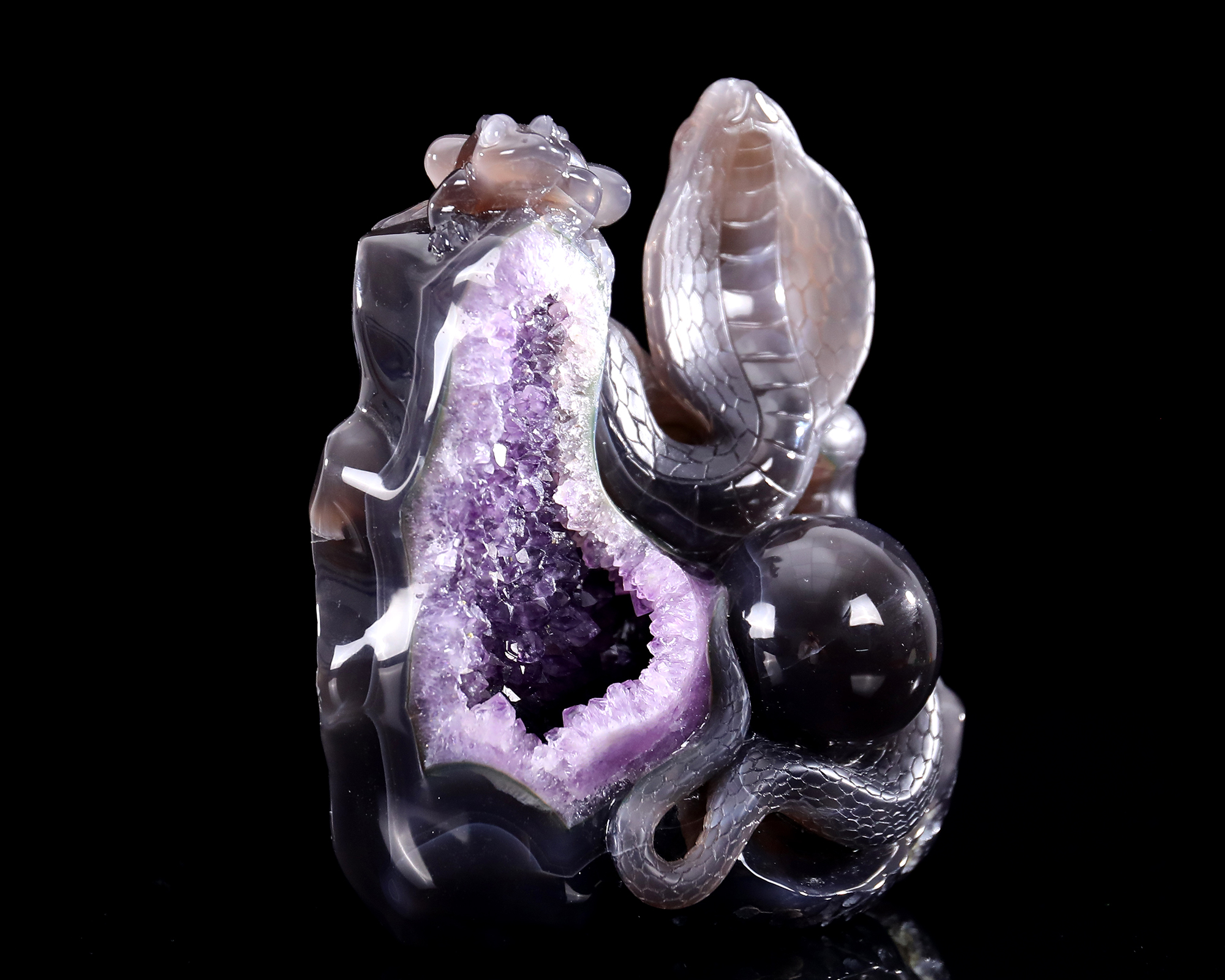 7.5 Inch Handcrafted Amethyst Geode Snake & Frog – Spiritual Crystal Carving with Harmony Symbolism
