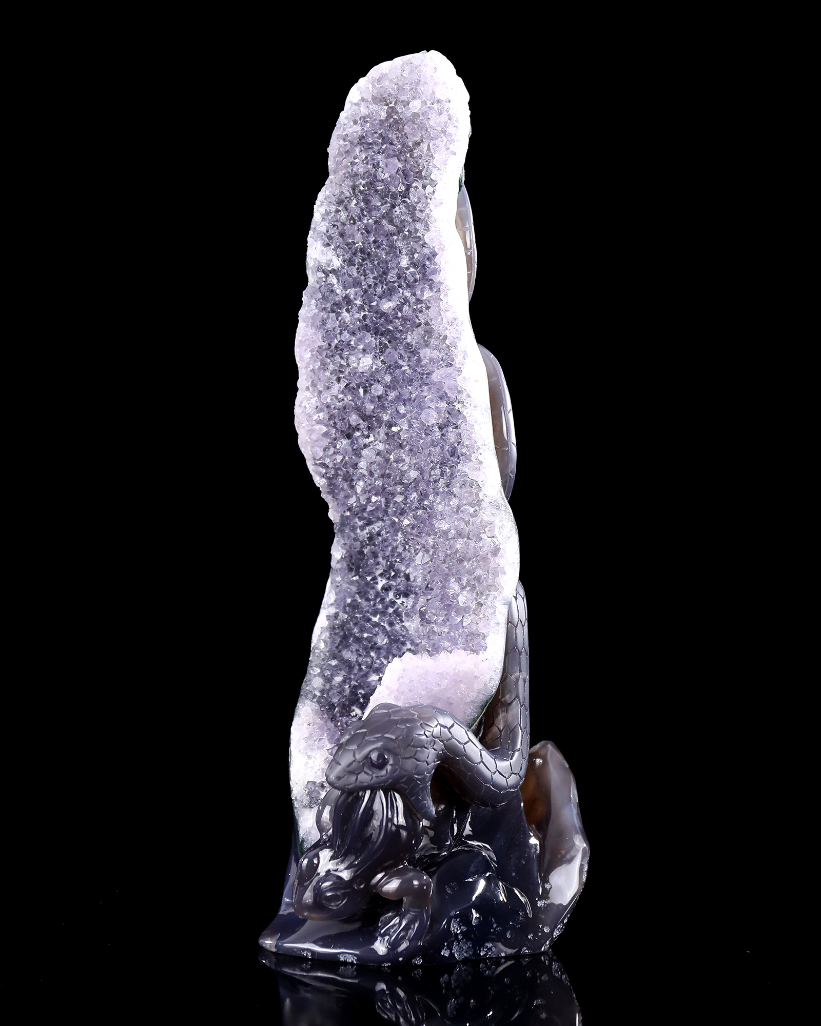 11.8 Inch Artisanal Amethyst Geode Snake & Frog – Hand-Carved Crystal Sculpture for Luxury Decor