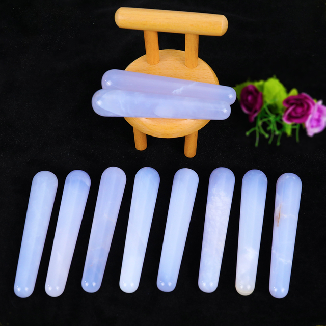 Blue Chalcedony Cylindrical Massager - Natural Gemstone Face & Body Roller for Stress Relief, Skin Rejuvenation & Muscle Relaxation