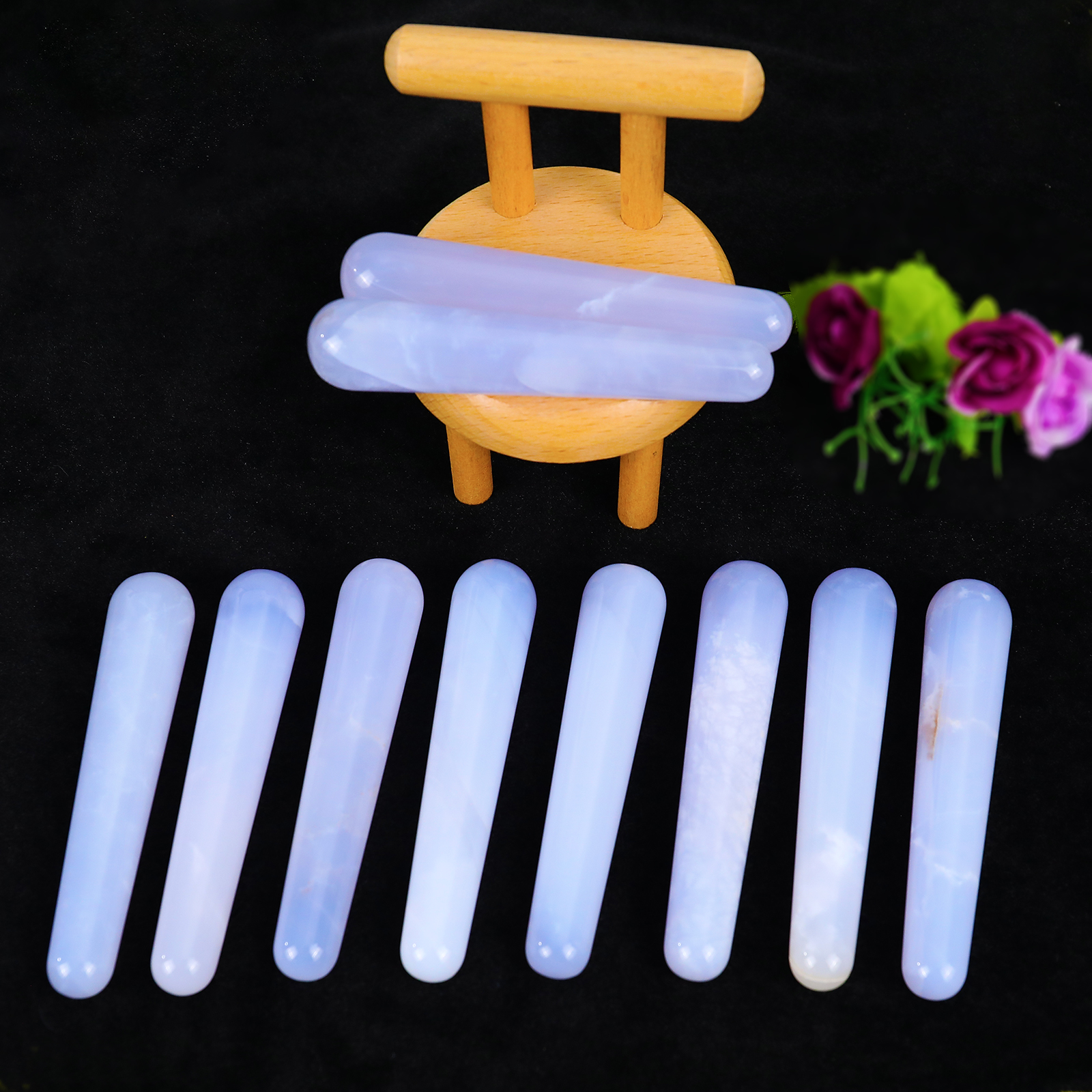 Blue Chalcedony Cylindrical Massager - Natural Gemstone Face & Body Roller for Stress Relief, Skin Rejuvenation & Muscle Relaxation